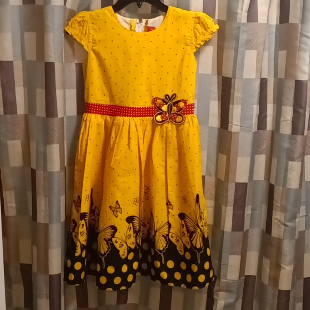 NWOT Shrawanti gold&black polkadot dress w butterflies & belt Sz 32 EU/23/14 US